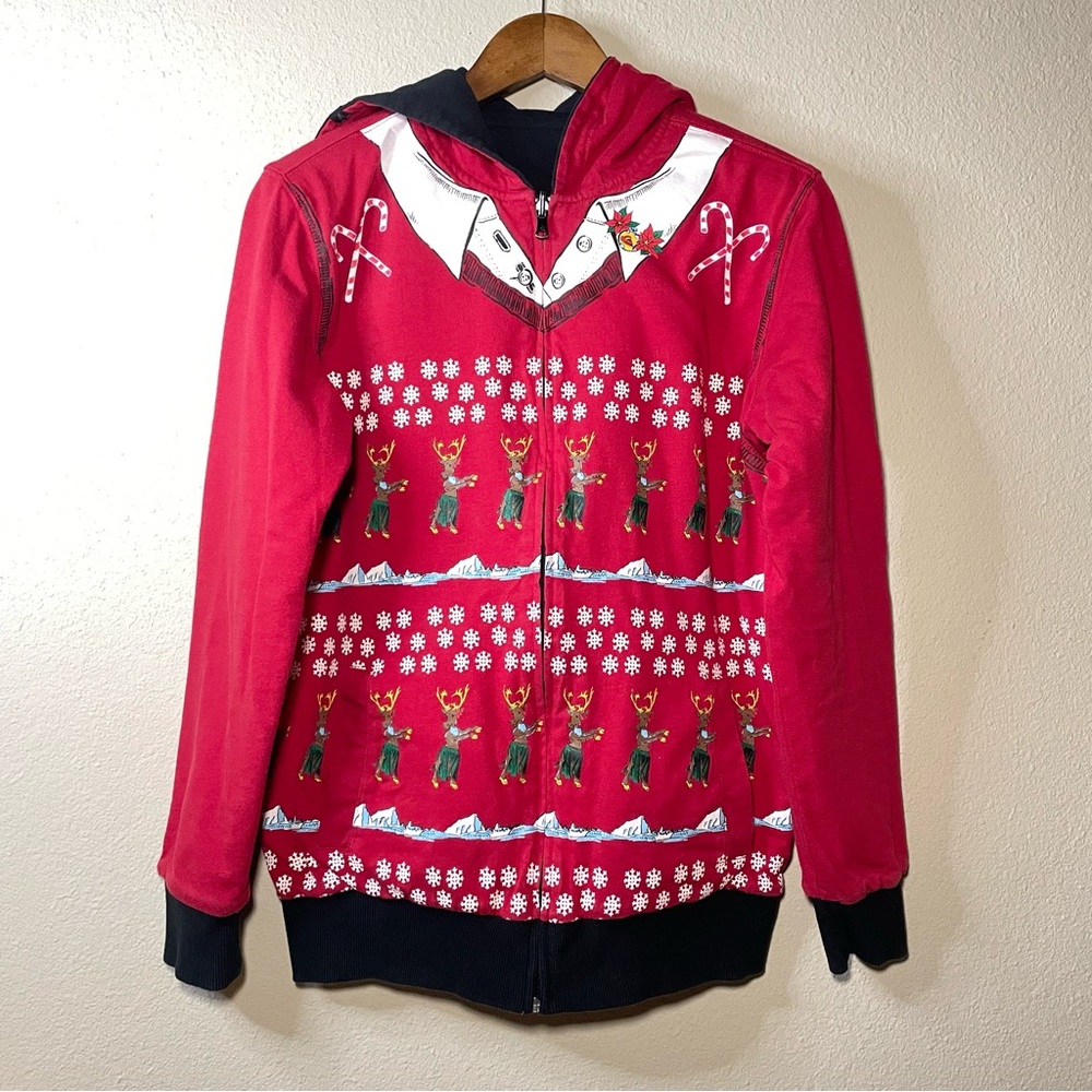 Quicksilver Hoodie Reversible Christmas Zip-Up‎ Sweater Men's Small Red/Black